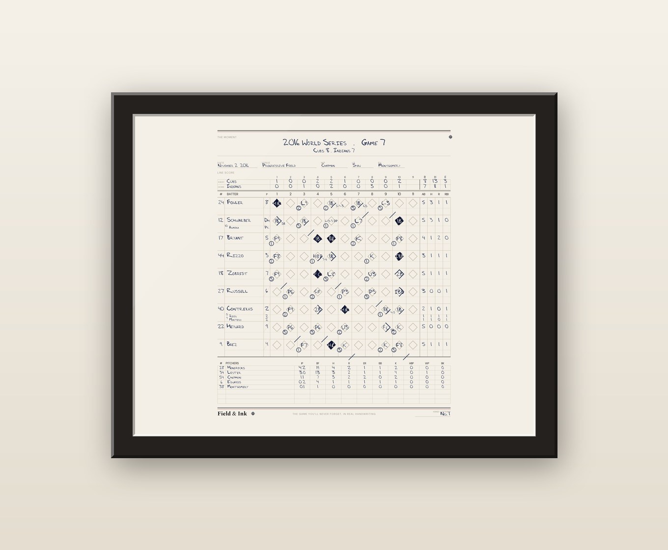 2016 World Series Game 7 scorebook — framed in solid-ash wood
